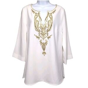 Lilly Pulitzer Dallas Tunic Top Womens 12 Ivory Gold Embroidery Beaded Resort